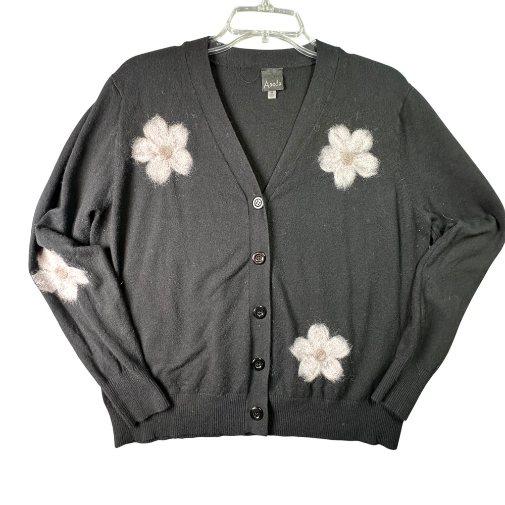 Aaeda Whimsigoth Floral Applique Cardigan Sweater Black V-Neck Button Front Sz M